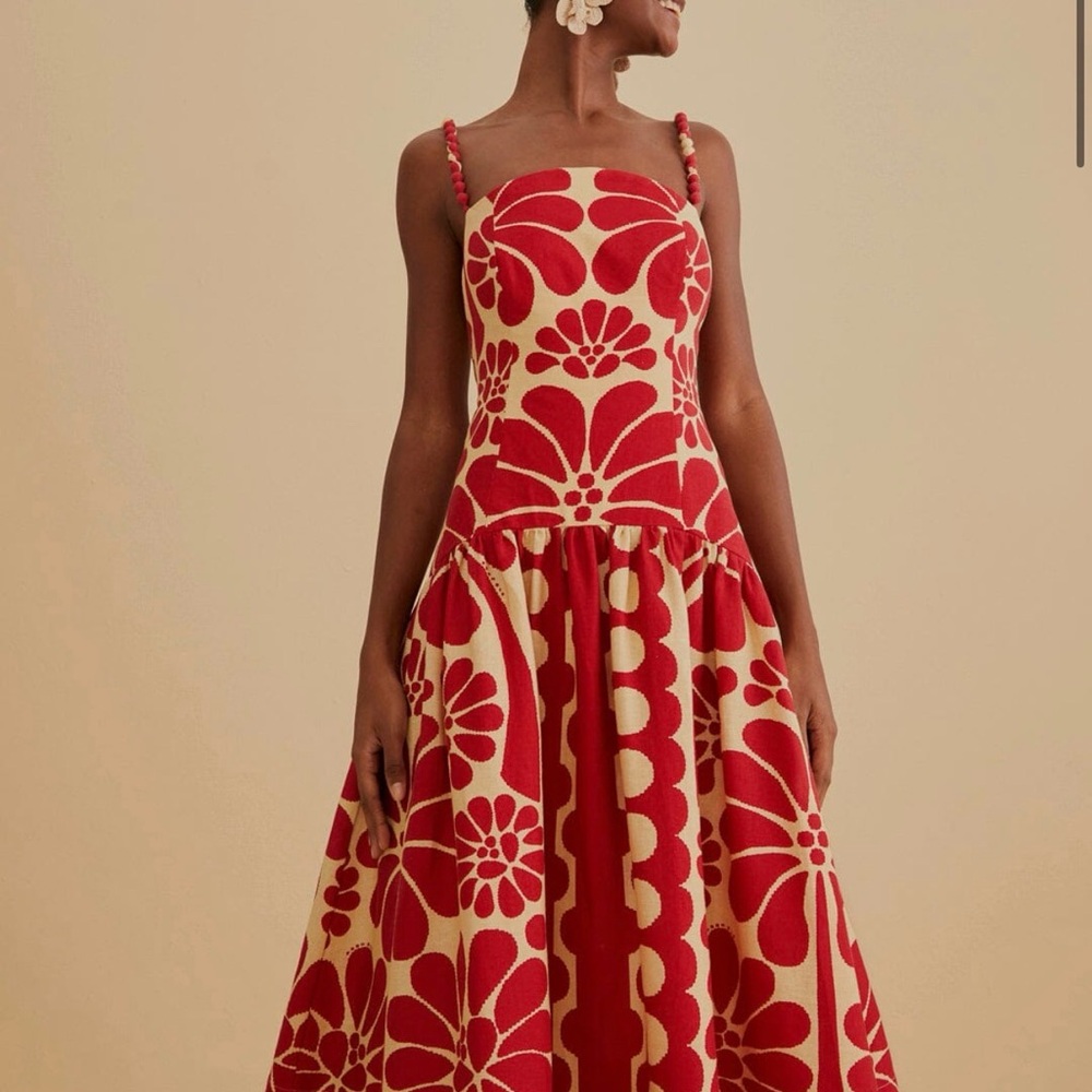 FARM Rio Red and Cream Floral Maxi Dress with Braided Straps